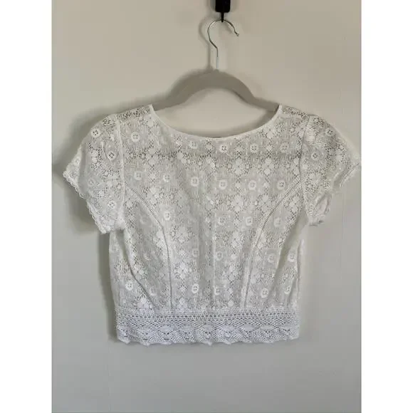 Free People White XS S Lace Cropped Button Short Sleeve Blouse Coquette - Picture 5 of 9